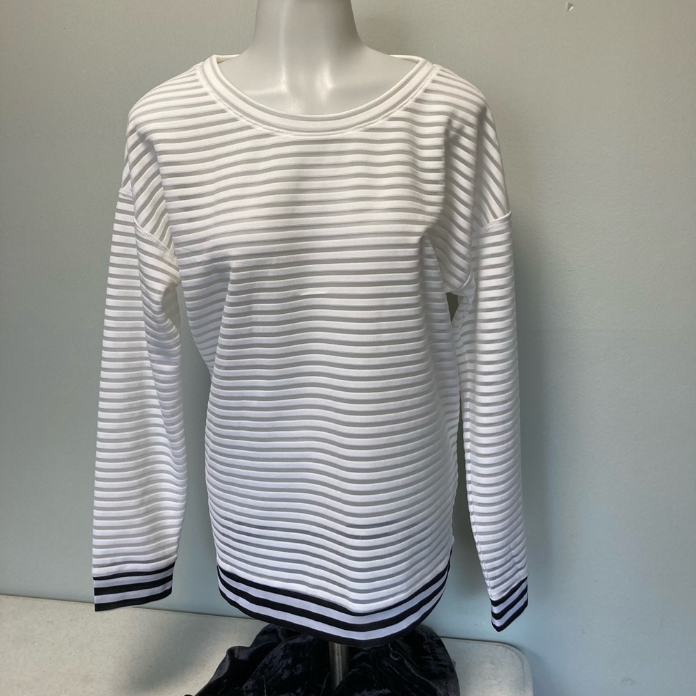 Askya Stripe Sheer White & Navy Long Sleeve Small